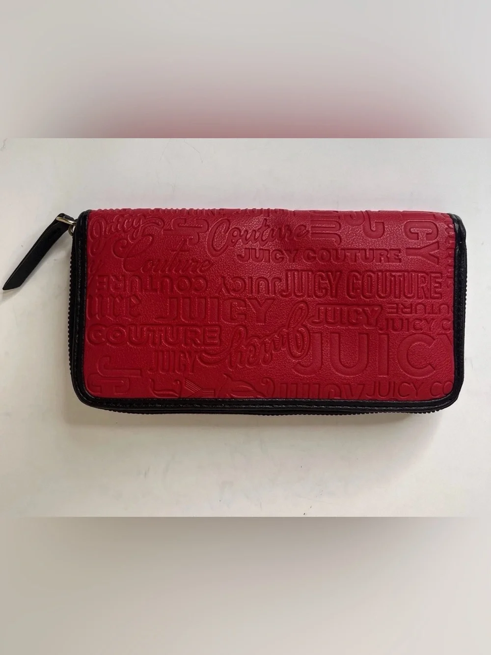 Juicy Couture Red Embossed Zip-Around Wallet with Black Logo Band NWOT